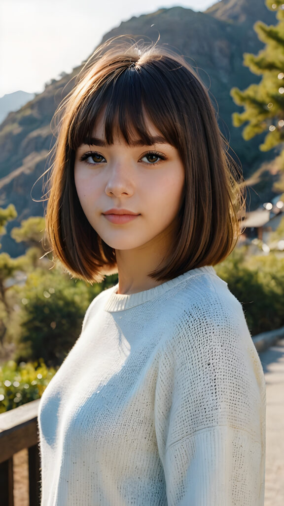 a beautiful, young (((teen girl))) with deep, ((straight, soft, shiny hair, bangs and bob cut)), flawless skin, and dark, reflective eyes and a perfect body. Her face is framed by perfect contrast and shadow, set against a (((natural, gorgeous backdrop))), making her an (((instant classic))), both (((stunning))) and (((cute)))