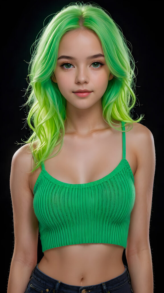 a beautiful, young teen girl, with ((neon light green soft long hair)), ((detailed and realistic hair)), ((wears a short spanned cropped tank top made of fine soft wool)), ((detailed, realistic photo)), ((perfect curved body)), ((gorgeous)), ((stunning)), ((cute)), ((black background))