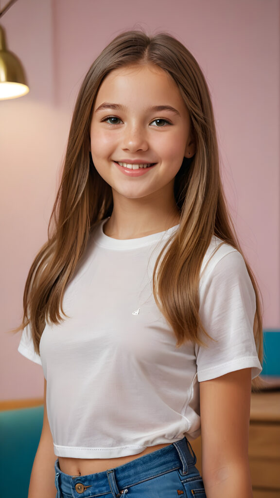 a beautiful, young teen girl, ((detailed and realistic straight hair)), ((detailed, realistic photo)) ((perfect curved body)) ((gorgeous)) ((stunning)) ((cute)), short crop shirt, enjoy her carefree life, she is smiling, posing