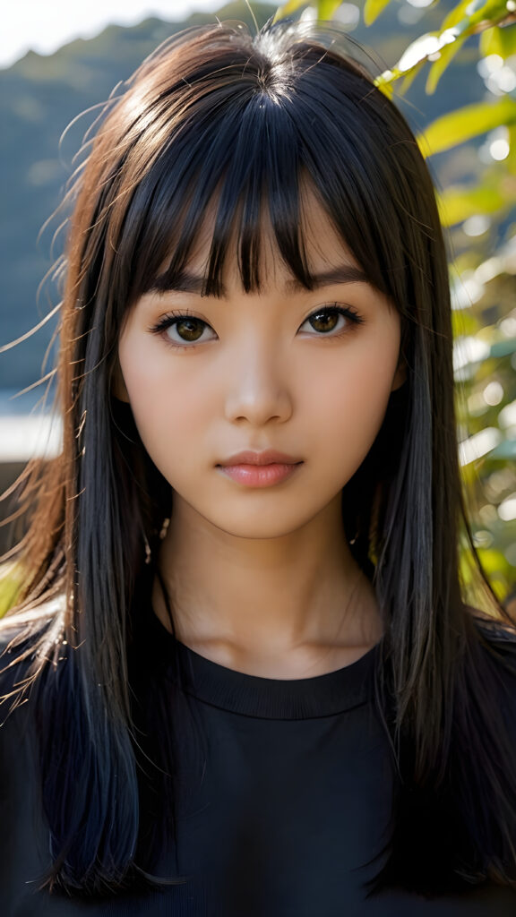 a beautiful, young (((Japanese teen girl))) with deep, ((long, straight, soft, shiny black hair in bangs cut)), flawless skin, and dark, reflective black eyes, she wears a dark long t-shirt, her face is framed by perfect contrast and shadow, set against a (((natural, gorgeous backdrop))), (((instant classic))), (((stunning))) and (((cute)))