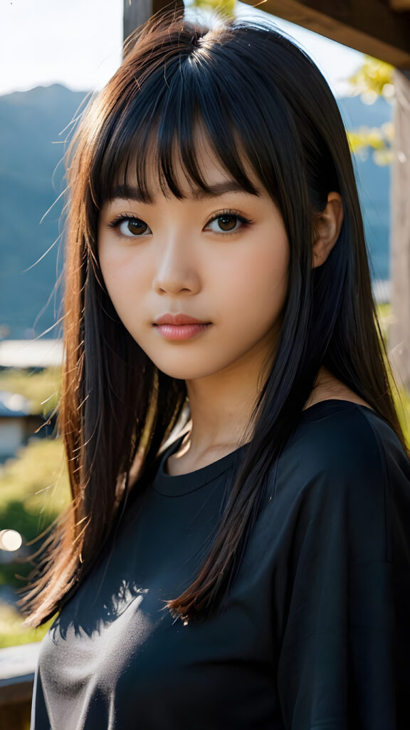 a beautiful, young (((Japanese teen girl))) with deep, ((long, straight, soft, shiny black hair in bangs cut)), flawless skin, and dark, reflective black eyes, she wears a dark long t-shirt, her face is framed by perfect contrast and shadow, set against a (((natural, gorgeous backdrop))), (((instant classic))), (((stunning))) and (((cute)))