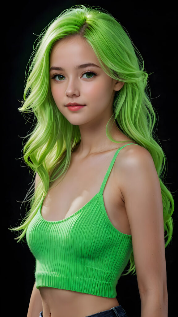 a beautiful, young teen girl, with ((neon light green soft long hair)), ((detailed and realistic hair)), ((wears a short spanned cropped tank top made of fine soft wool)), ((detailed, realistic photo)), ((perfect curved body)), ((gorgeous)), ((stunning)), ((cute)), ((black background))