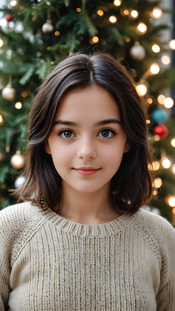 a beautiful young teen girl with dark hair and big saucer eyes looks sweetly into the camera, she wears a super fine sweater made of wool, perfect curved body