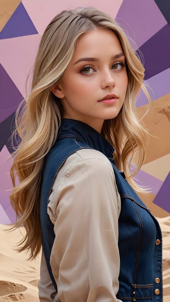 a beautiful young girl with long, flowing blonde hair and (((brown, sand-colored eyes))), dressed in a turtleneck black dress and a short, sleeveless denim jacket, standing in a (((side profile))), facing left, with a gently inclined head and a serene expression, framed by a backdrop of a (purple and black geometric pattern) in a digital drawing style