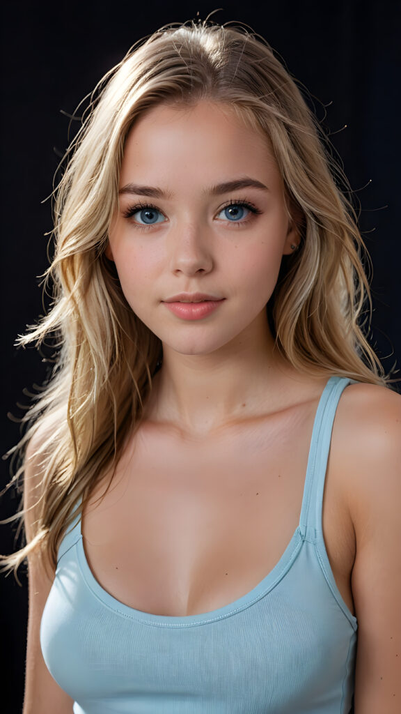 a beautiful young teenage girl, she has full lips and her mouth is slightly open ready to kiss, white teeth, she has (((detailed straight long jet soft hair))) (her hair falls on her shoulders), and (realistic light blue eyes), ((angelic face)), she wears a form-fitting thin cropped tank top that support her perfect curvy fit body, black background, perfect shadows, weak light falls into the picture from the side