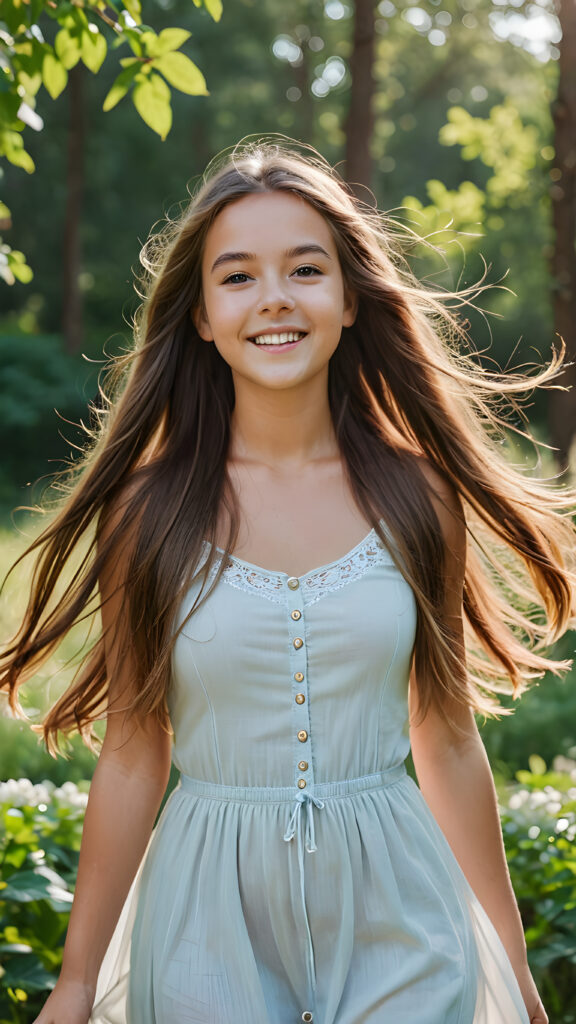 a beautiful young teen girl with straght, flowing long soft hair, in joy, summer and surrounded by nature