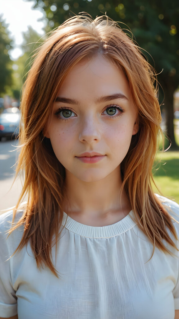 a beautiful young teen girl with amber hair and big saucer eyes looks sweetly into the camera