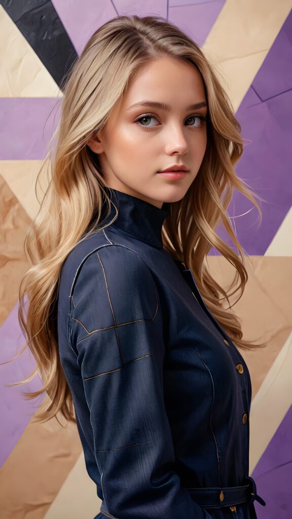 a beautiful young girl with long, flowing blonde hair and (((brown, sand-colored eyes))), dressed in a turtleneck black dress and a short, sleeveless denim jacket, standing in a (((side profile))), facing left, with a gently inclined head and a serene expression, framed by a backdrop of a (purple and black geometric pattern) in a digital drawing style