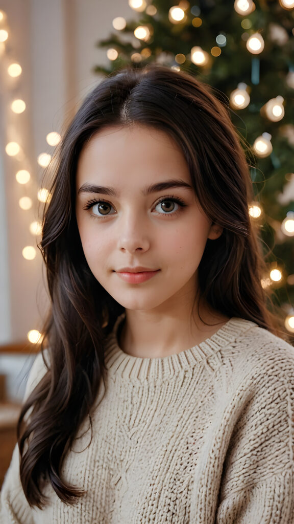 a beautiful young teen girl with dark hair and big saucer eyes looks sweetly into the camera, she wears a super fine sweater made of wool, perfect curved body