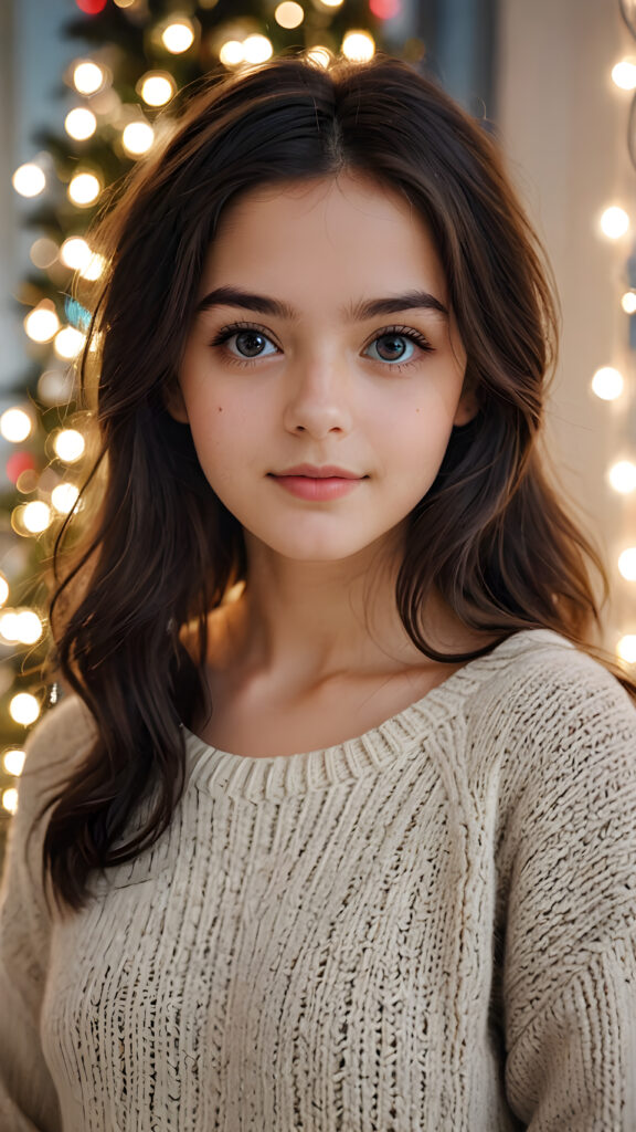 a beautiful young teen girl with dark hair and big saucer eyes looks sweetly into the camera, she wears a super fine sweater made of wool, perfect curved body