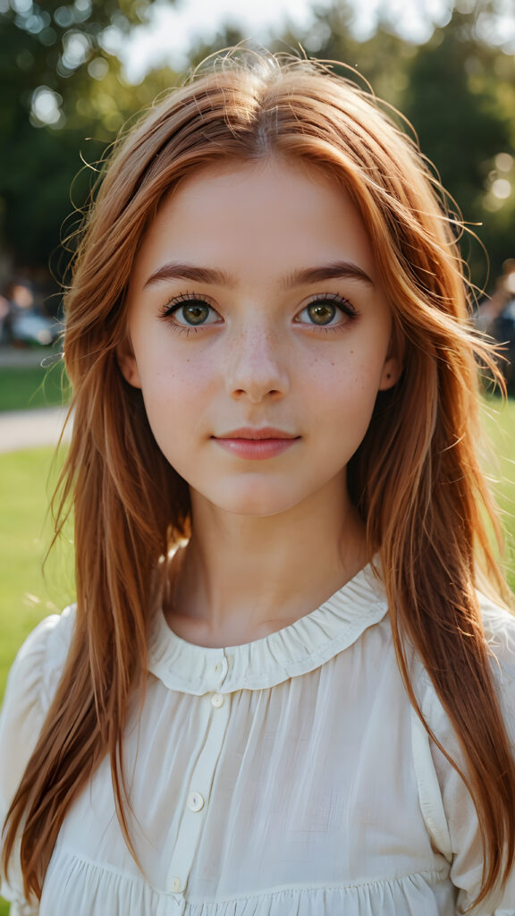 a beautiful young teen girl with amber hair and big saucer eyes looks sweetly into the camera