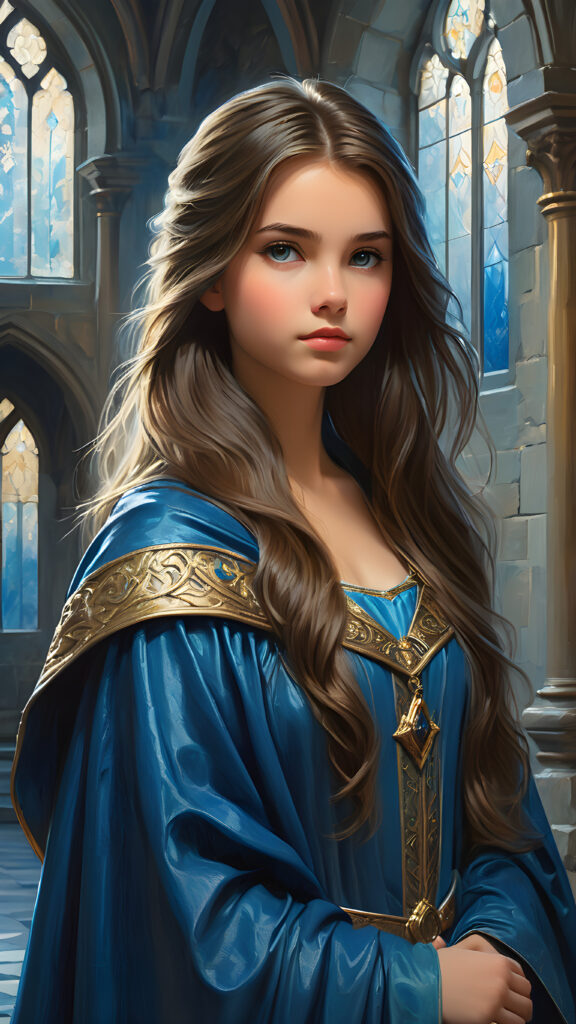 a beautiful young girl wears an enchanted blue cloak. She stands in a hall of a large castle. She has long, straight hair and looks sideways at the viewer. mystical light illuminates the room and creates a mysterious atmosphere.