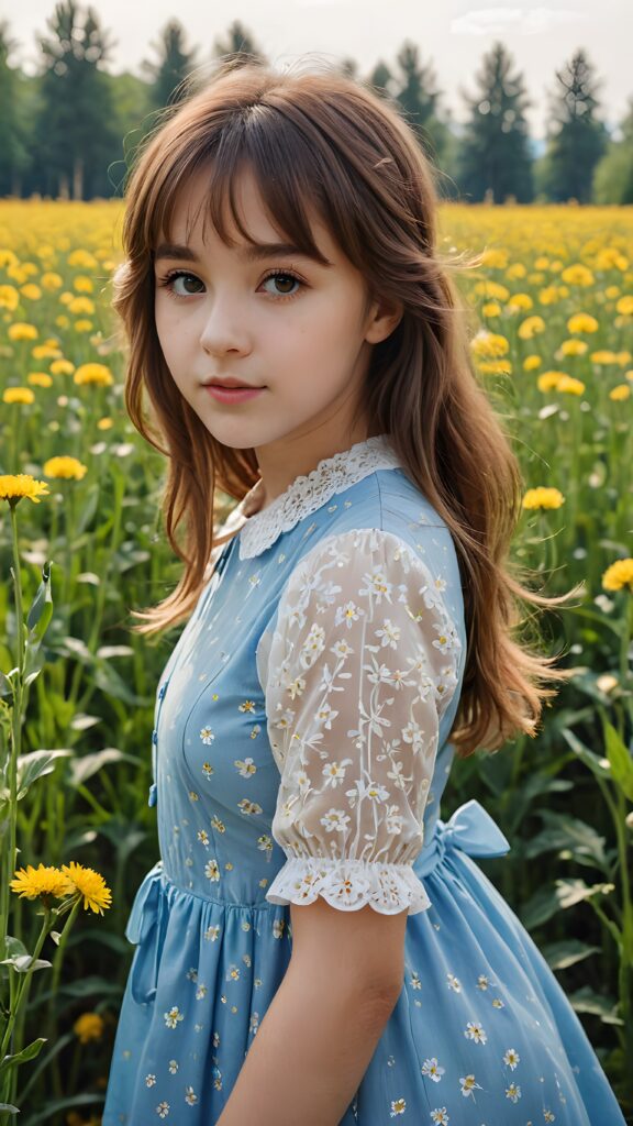 a beautiful young girl, in the yellow dandelion field, detailed face with rosy cheeks brown soft hair with bangs, in white and blue shade dress, full view