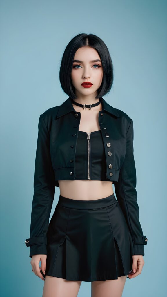 a beautiful young teen girl, dressed in black in a gothic style, black straight hair in a bob cut, wearing a dark short crop jacket. Black round short mini skirt. Awake, beautiful eyes. White makeup and deep red full lips ((full body portrait)) ((light blue background))