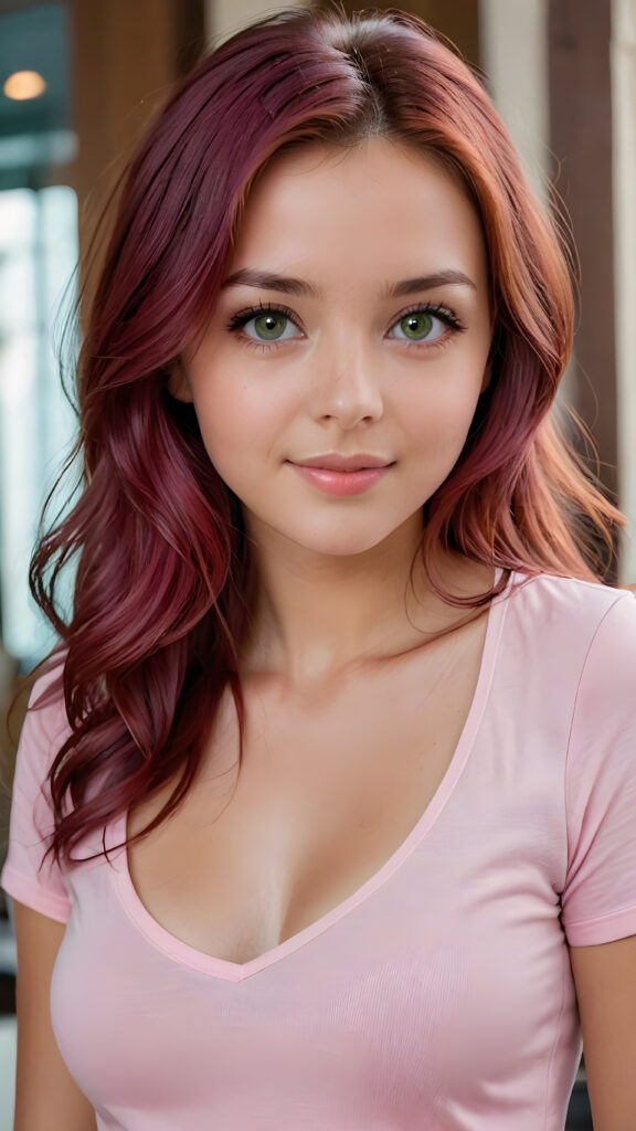 a beautiful young and delicate busty teen girl wears a ((thin pink t-shirt with a deep neckline)), she looks seductively at the viewer and has thin, ((red silky smooth beautiful jet hair that falls over her upper body)), she smiles a little and has her mouth slightly open, (she has flawless, soft and smooth skin), ((green eyes)), view from the side ((stunning)) ((gorgeous))