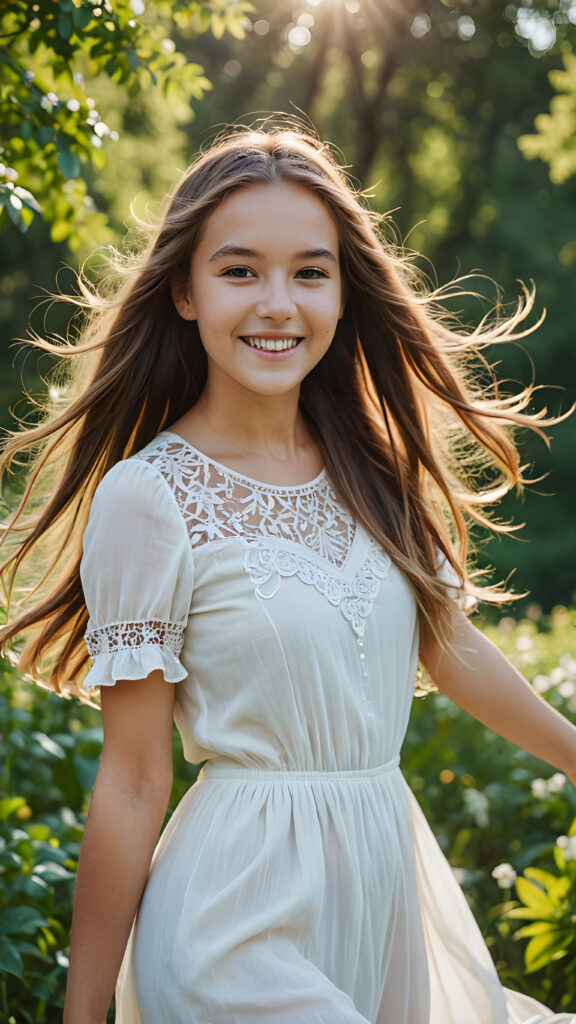 a beautiful young teen girl with straght, flowing long soft hair, in joy, summer and surrounded by nature