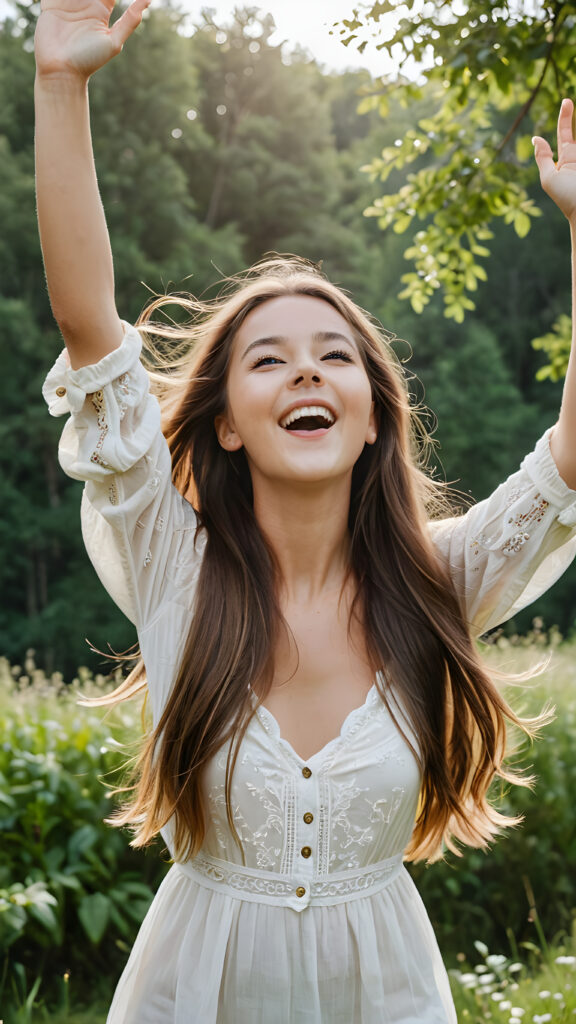 a (((beautiful young girl))), with long, flowing straight hair, extending her arms up in exultation against a backdrop of (summery green leaves and a sunny backdrop)