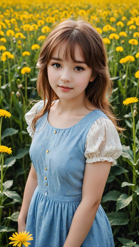 a beautiful young girl, in the yellow dandelion field, detailed face with rosy cheeks brown soft hair with bangs, in white and blue shade dress, full view