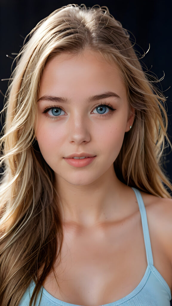 a beautiful young teenage girl, she has full lips and her mouth is slightly open ready to kiss, white teeth, she has (((detailed straight long jet soft hair))) (her hair falls on her shoulders), and (realistic light blue eyes), ((angelic face)), she wears a form-fitting thin cropped tank top that support her perfect curvy fit body, black background, perfect shadows, weak light falls into the picture from the side