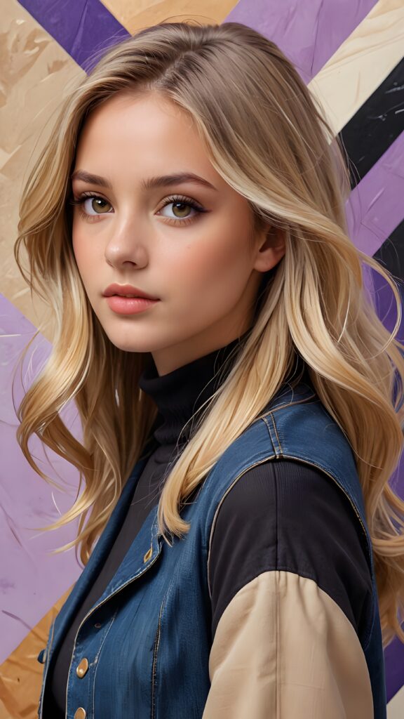 a beautiful young girl with long, flowing blonde hair and (((brown, sand-colored eyes))), dressed in a turtleneck black dress and a short, sleeveless denim jacket, standing in a (((side profile))), facing left, with a gently inclined head and a serene expression, framed by a backdrop of a (purple and black geometric pattern) in a digital drawing style