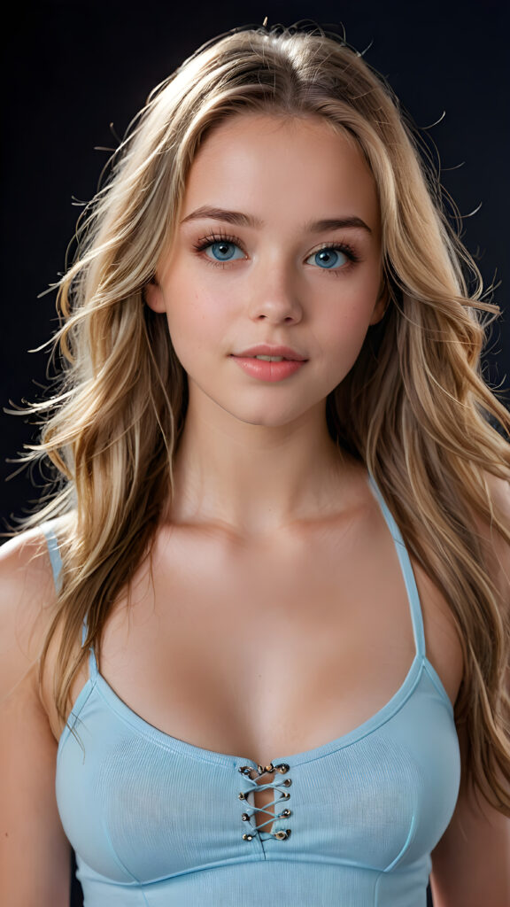 a beautiful young teenage girl, she has full lips and her mouth is slightly open ready to kiss, white teeth, she has (((detailed straight long jet soft hair))) (her hair falls on her shoulders), and (realistic light blue eyes), ((angelic face)), she wears a form-fitting thin cropped tank top that support her perfect curvy fit body, black background, perfect shadows, weak light falls into the picture from the side