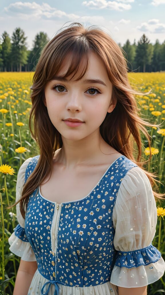 a beautiful young girl, in the yellow dandelion field, detailed face with rosy cheeks brown soft hair with bangs, in white and blue shade dress, full view