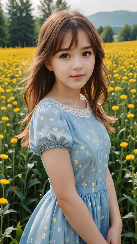 a beautiful young girl, in the yellow dandelion field, detailed face with rosy cheeks brown soft hair with bangs, in white and blue shade dress, full view