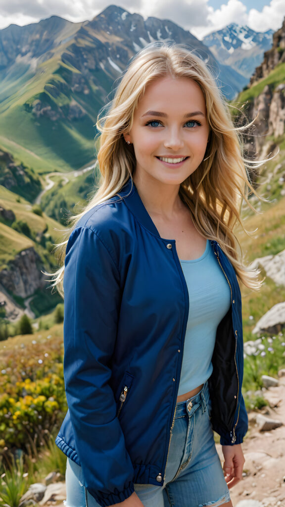 a beautiful you girl with long blonde hair and blue eyes, beautiful smile, she wears a blue jacket over the short tank top, her long hair slightly flows down her shoulders, she stands in a beautiful mountainous landscape