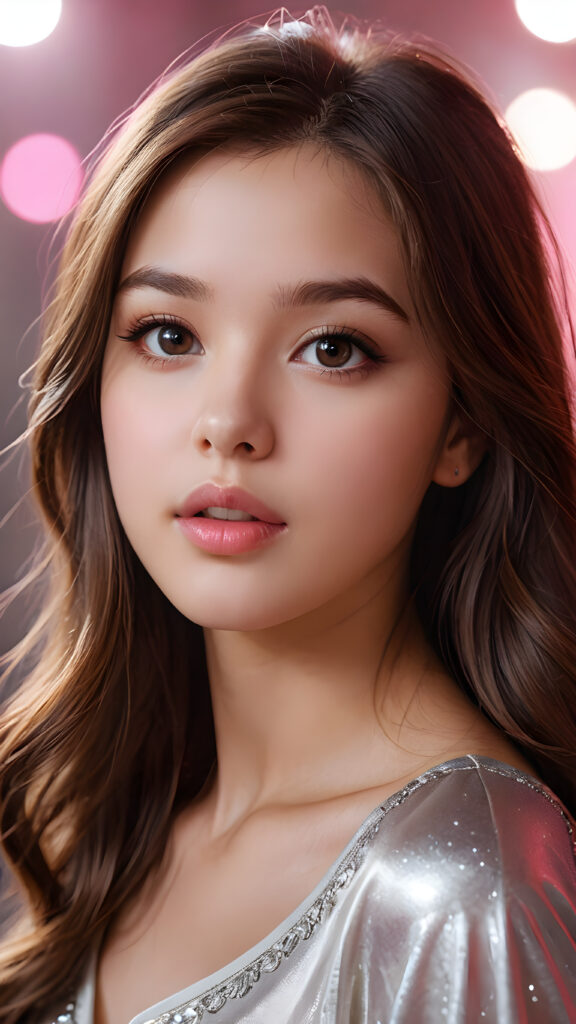 a (((beautifully drawn advanced concept portrait))) of a young teen girl with long, straight brown hair that cascades down to frame her face, capturing a sense of seduction as she looks at the viewer with big, shiny eyes and a slightly opened mouth, revealing full, pink lips against silvery skin that radiates an otherworldly glow, from the side, highlighting her upper body as the backdrop