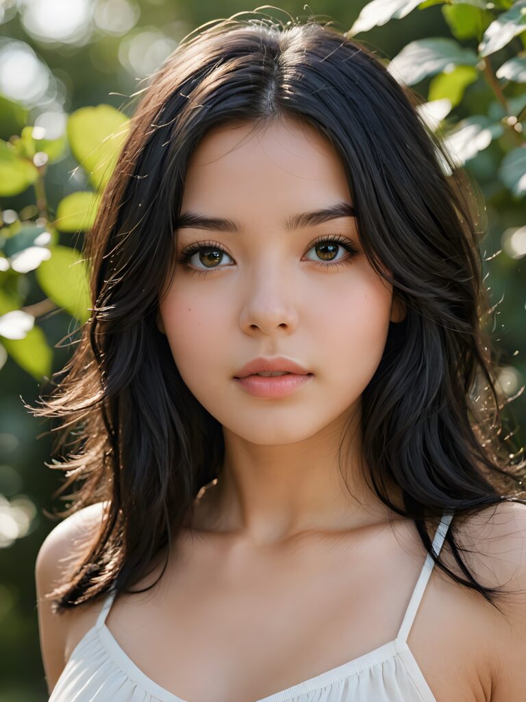 a (((beautifully drawn portrait))), featuring a young teen girl with long, flowing (((layered face framing black hair))), her skin is flawlessly smooth, with porcelain complexion and delicate features, including a small nose and rosy cheeks. Her eyes sparkle with an air of intrigue, reflecting a hint of light that adds a playful dimension to her expression. Overall, she conveys a sense of seduction and sensuality, with full, kissable lips and a subtly opened mouth, she is wearing a thin crop top that support her perfect body