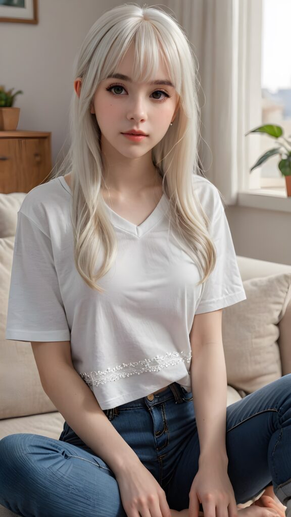 a (((beautifully detailed and realistic cute adult girl))), with pale skin and (((long, straight white hair))) ((with bangs)), dressed in a (((low cut, short white crop t-shirt))), and (((short, jeans pants))), sitting on a comfortable couch in a softly dimly lit living room, surrounded by a (mysterious, shimmering, sparkling, realistic, intricate, cute) atmosphere, ((teen girl)), 15 years old, bangs haircut, realistic detailed angelic face, perfect curved body, ((realistic detailed))