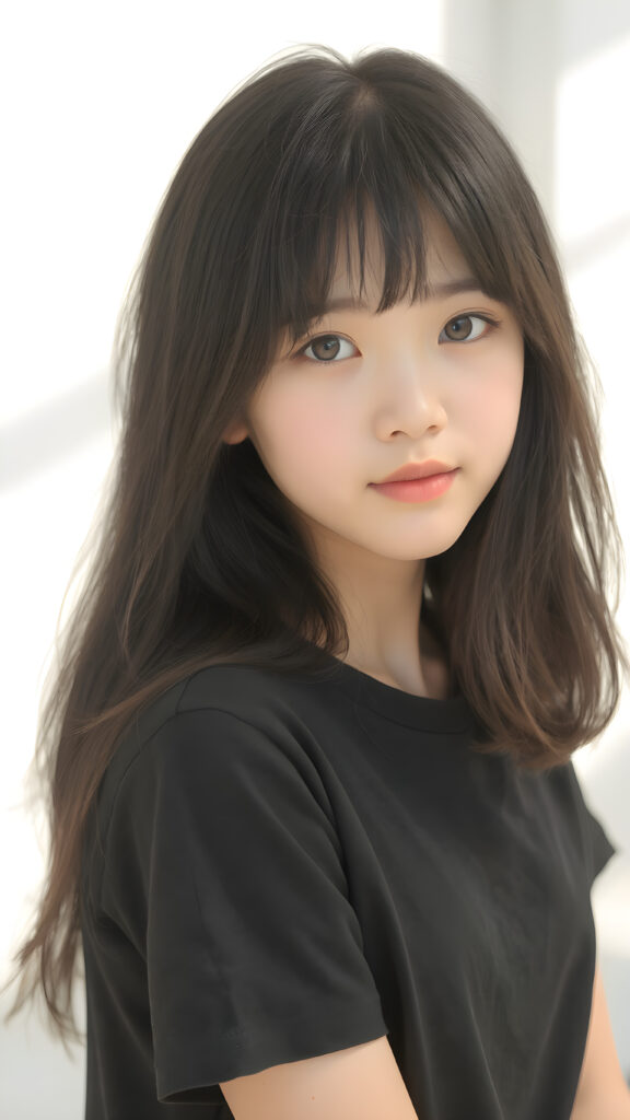 (((a beautifully realistic photo))) (((full body photo))), capturing a young ((Asian teen girl)) with an realistic looking (((black thick, straight soft hair))), (realistic looking eyes) that convey a sense of warmth and vitality, dressed in a soft, ((black t-shirt)), that complements her natural-toned figure, embodying a youthful, innocent yet (mature) beauty that exudes confidence and allure. ((sunny background))