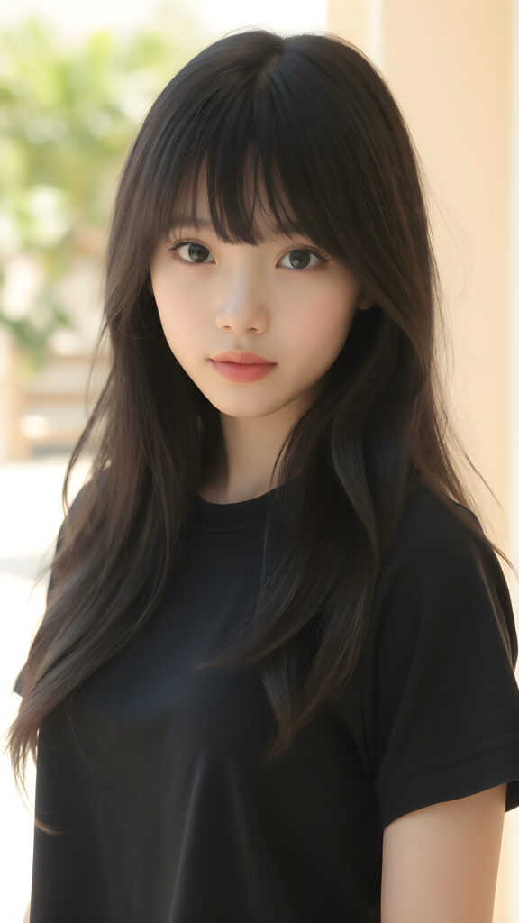 (((a beautifully realistic photo))) (((full body photo))), capturing a young ((Asian teen girl)) with an realistic looking (((black thick, straight soft hair))), (realistic looking eyes) that convey a sense of warmth and vitality, dressed in a soft, ((black t-shirt)), that complements her natural-toned figure, embodying a youthful, innocent yet (mature) beauty that exudes confidence and allure. ((sunny background))