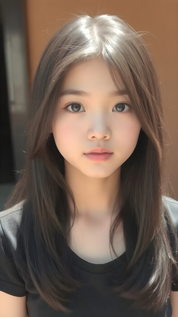 (((a beautifully realistic photo))) (((full body photo))), capturing a young ((Asian teen girl)) with an realistic looking (((black thick, straight soft hair))), (realistic looking eyes) that convey a sense of warmth and vitality, dressed in a soft, ((black t-shirt)), that complements her natural-toned figure, embodying a youthful, innocent yet (mature) beauty that exudes confidence and allure. ((sunny background))