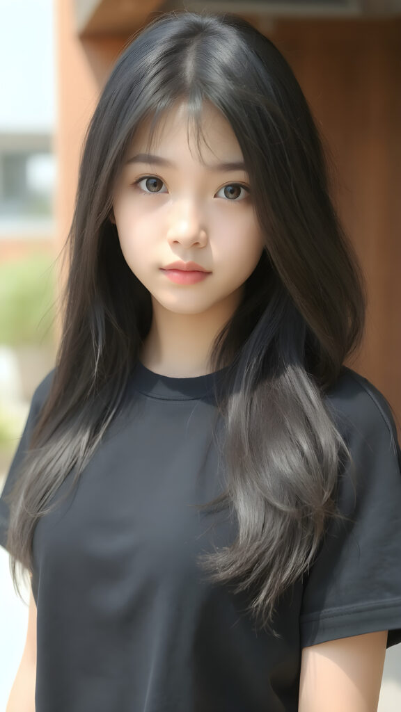 (((a beautifully realistic photo))) (((full body photo))), capturing a young ((Asian teen girl)) with an realistic looking (((black thick, straight soft hair))), (realistic looking eyes) that convey a sense of warmth and vitality, dressed in a soft, ((black t-shirt)), that complements her natural-toned figure, embodying a youthful, innocent yet (mature) beauty that exudes confidence and allure. ((sunny background))