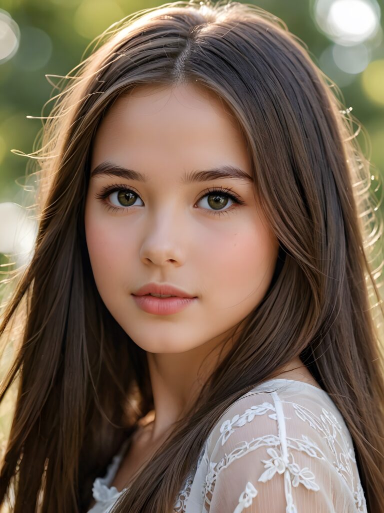 a (((beautifully drawn portrait))), featuring a young girl with long, flowing (((straight hair))), framing a face that exudes innocence and purity. Her skin is flawlessly smooth, with porcelain complexion and delicate features, including a small nose and rosy cheeks. Her eyes sparkle with an air of intrigue, reflecting a hint of light that adds a playful dimension to her expression. Overall, she conveys a sense of seduction and sensuality, with full, kissable lips and a subtly opened mouth