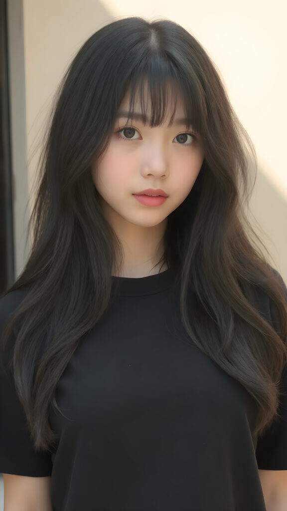 (((a beautifully realistic photo))) (((full body photo))), capturing a young ((Asian teen girl)) with an realistic looking (((black thick, straight soft hair))), (realistic looking eyes) that convey a sense of warmth and vitality, dressed in a soft, ((black t-shirt)), that complements her natural-toned figure, embodying a youthful, innocent yet (mature) beauty that exudes confidence and allure. ((sunny background))