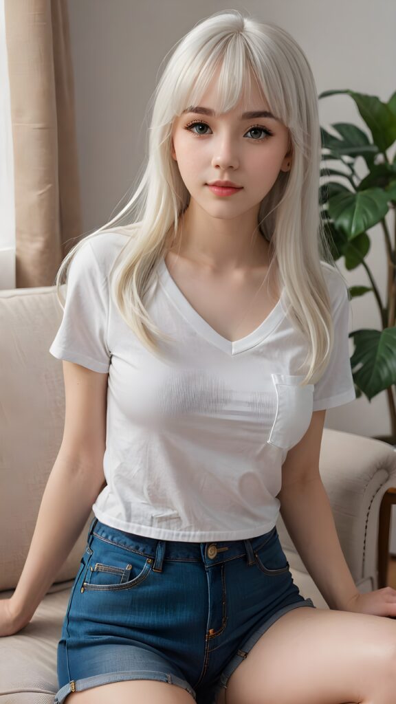 a (((beautifully detailed and realistic cute adult girl))), with pale skin and (((long, straight white hair))) ((with bangs)), dressed in a (((low cut, short white crop t-shirt))), and (((short, jeans pants))), sitting on a comfortable couch in a softly dimly lit living room, surrounded by a (mysterious, shimmering, sparkling, realistic, intricate, cute) atmosphere, ((teen girl)), 15 years old, bangs haircut, realistic detailed angelic face, perfect curved body, ((realistic detailed))