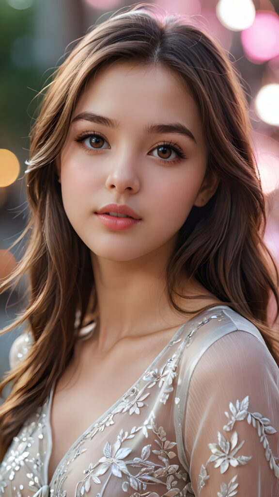 a (((beautifully drawn advanced concept portrait))) of a young teen girl with long, straight brown hair that cascades down to frame her face, capturing a sense of seduction as she looks at the viewer with big, shiny eyes and a slightly opened mouth, revealing full, pink lips against silvery skin that radiates an otherworldly glow, from the side, highlighting her upper body as the backdrop