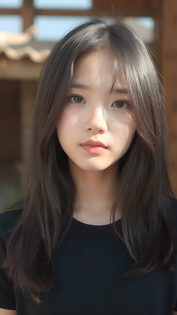 (((a beautifully realistic photo))) (((full body photo))), capturing a young ((Asian teen girl)) with an realistic looking (((black thick, straight soft hair))), (realistic looking eyes) that convey a sense of warmth and vitality, dressed in a soft, ((black t-shirt)), that complements her natural-toned figure, embodying a youthful, innocent yet (mature) beauty that exudes confidence and allure. ((sunny background))