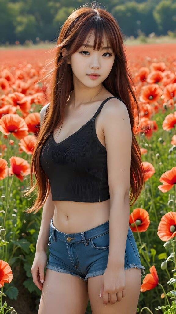 a beautifully drawn (((full body photo))), capturing a young ((teen girl)) with an realistic looking (((black thick, straight soft hair))), (realistic looking eyes) that convey a sense of warmth and vitality, dressed in a soft, ((black t-sirt)), ((short jeans pants)) that complements her natural-toned figure, embodying a youthful, innocent yet (mature) beauty that exudes confidence and allure. ((she stands in a sunny poppy field))