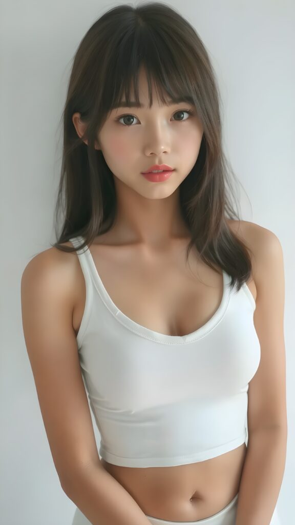 a beautifully captured (((super realistic full body photo))), featuring a (((young Japanese teen girl))) with hyper-realistic detailed skin textures and glossy lipstick-adorned lips, dressed in a (short tight white cropped tank top with a low v-neck, round short mini skirt) that perfectly complements her toned physique. Her striking ((bangs)) are artfully cut to frame her face perfectly, captured in a (professional studio photo shoot)