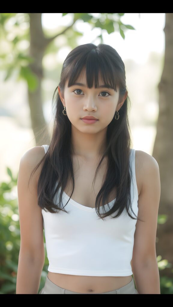 a beautifully captured (((super realistic full body photo))), featuring a (((young Indonesian teen girl))), dressed in a (short tight white cropped tank top with a low v-neck, round short mini skirt) that perfectly complements her toned physique. Her striking ((bangs)) are artfully cut to frame her face perfectly, against a sunny green backdrop