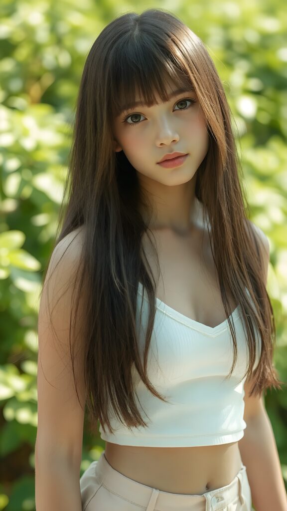 a beautifully captured (((super realistic full body photo))), featuring a (((young cute teen girl, soft straight jet long hair))), dressed in a (short tight white cropped tank top with a low v-neck, round short mini skirt) that perfectly complements her toned physique. Her striking ((bangs)) are artfully cut to frame her face perfectly, against a sunny green backdrop