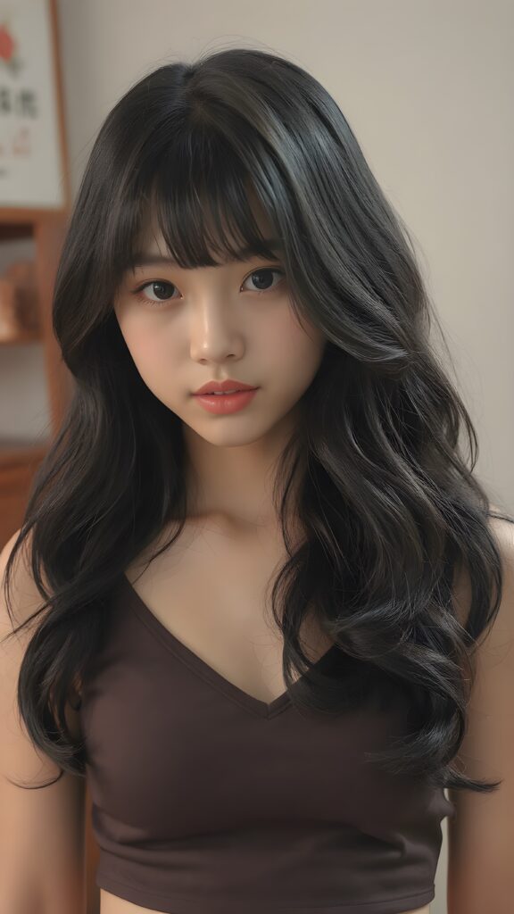 a beautifully captured (((super realistic full body photo))), featuring a (((young Chinese teen girl, black long wavy hair))) with hyper-realistic detailed skin textures and glossy lipstick-adorned lips, dressed in a (short tight cropped tank top with a low v-neck that perfectly complements her toned physique. Her striking ((bangs)) are artfully cut to frame her face perfectly, captured in a (professional studio photo shoot)