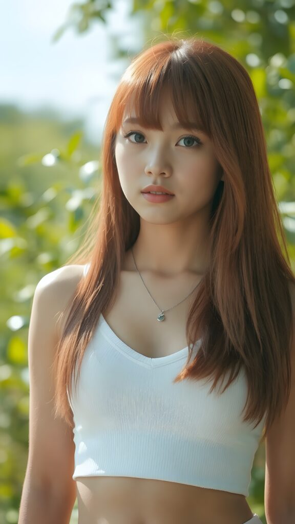 a beautifully captured (((super realistic 1:3 portrait photo))), featuring a (((young Filipino teen girl))), dressed in a (short tight white cropped tank top with a low v-neck) that perfectly complements her toned physique. She has long, straight red hair, her striking ((bangs)) are artfully cut to frame her face perfectly, against a sunny green backdrop