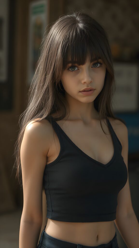 a beautifully captured (((super realistic full body photo))), featuring a (((young teen girl))) with hyper-realistic detailed skin, dressed in a (short tight black cropped tank top with a low v-neck that perfectly complements her toned physique, long soft detailed dark hair in bangs cut frame her round face