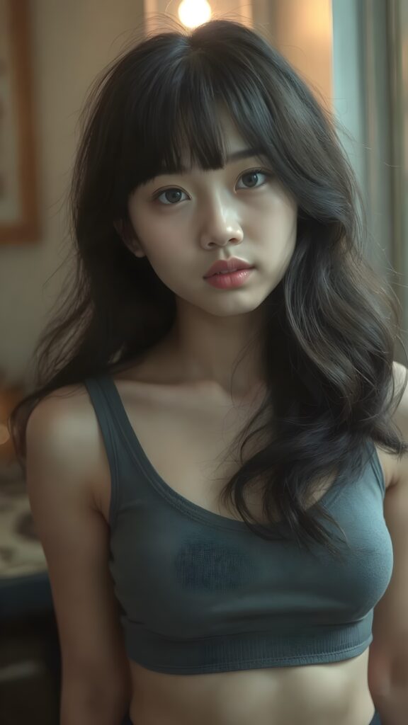 a beautifully captured (((super realistic full body photo))), featuring a (((young Chinese teen girl, black long wavy hair))) with hyper-realistic detailed skin textures and glossy lipstick-adorned lips, dressed in a (short tight cropped tank top with a low v-neck that perfectly complements her toned physique. Her striking ((bangs)) are artfully cut to frame her face perfectly, captured in a (professional studio photo shoot)