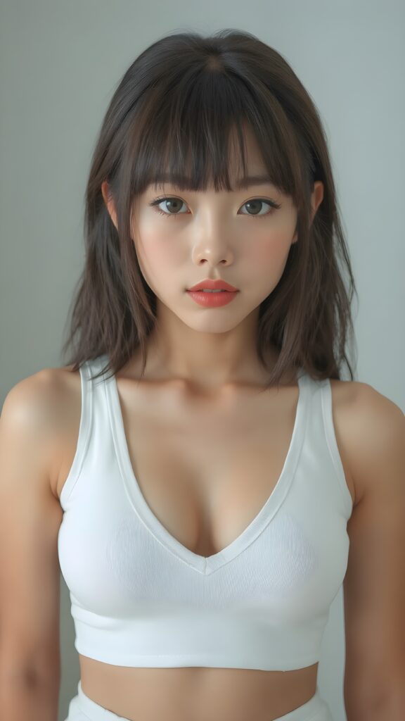 a beautifully captured (((super realistic full body photo))), featuring a (((young Japanese teen girl))) with hyper-realistic detailed skin textures and glossy lipstick-adorned lips, dressed in a (short tight white cropped tank top with a low v-neck, round short mini skirt) that perfectly complements her toned physique. Her striking ((bangs)) are artfully cut to frame her face perfectly, captured in a (professional studio photo shoot)