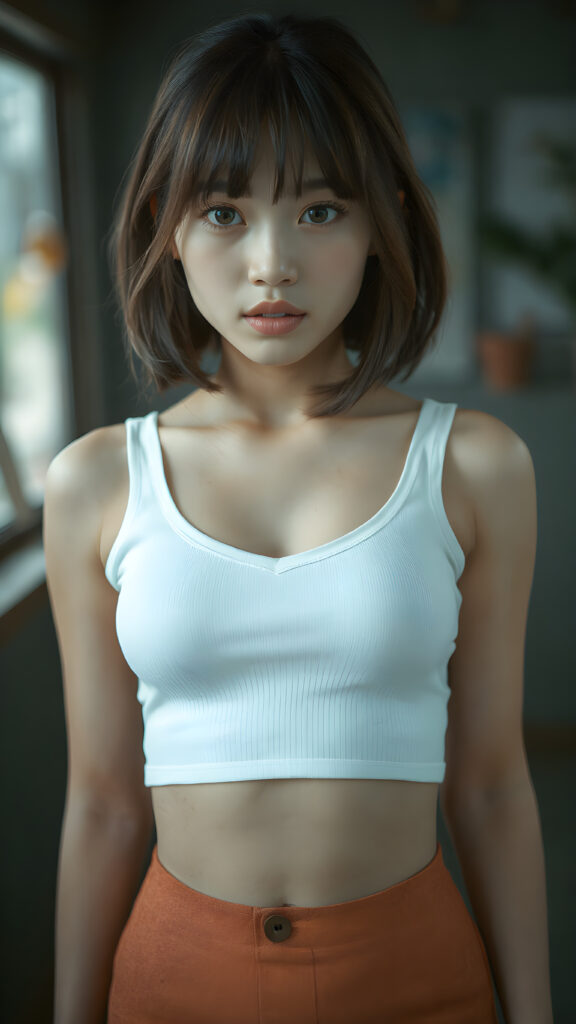 a beautifully captured (((super realistic full body photo))), featuring a (((young Asian teen girl))) with hyper-realistic detailed skin textures and glossy lipstick-adorned lips, dressed in a (short tight white cropped tank top with a low v-neck, round short mini skirt) that perfectly complements her toned physique. Her striking ((bangs)) are artfully cut to frame her face perfectly, captured in a (professional studio photo shoot)